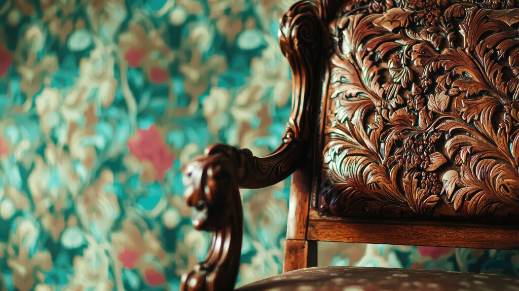 Ornate wooden chair with intricate carvings and floral backdrop